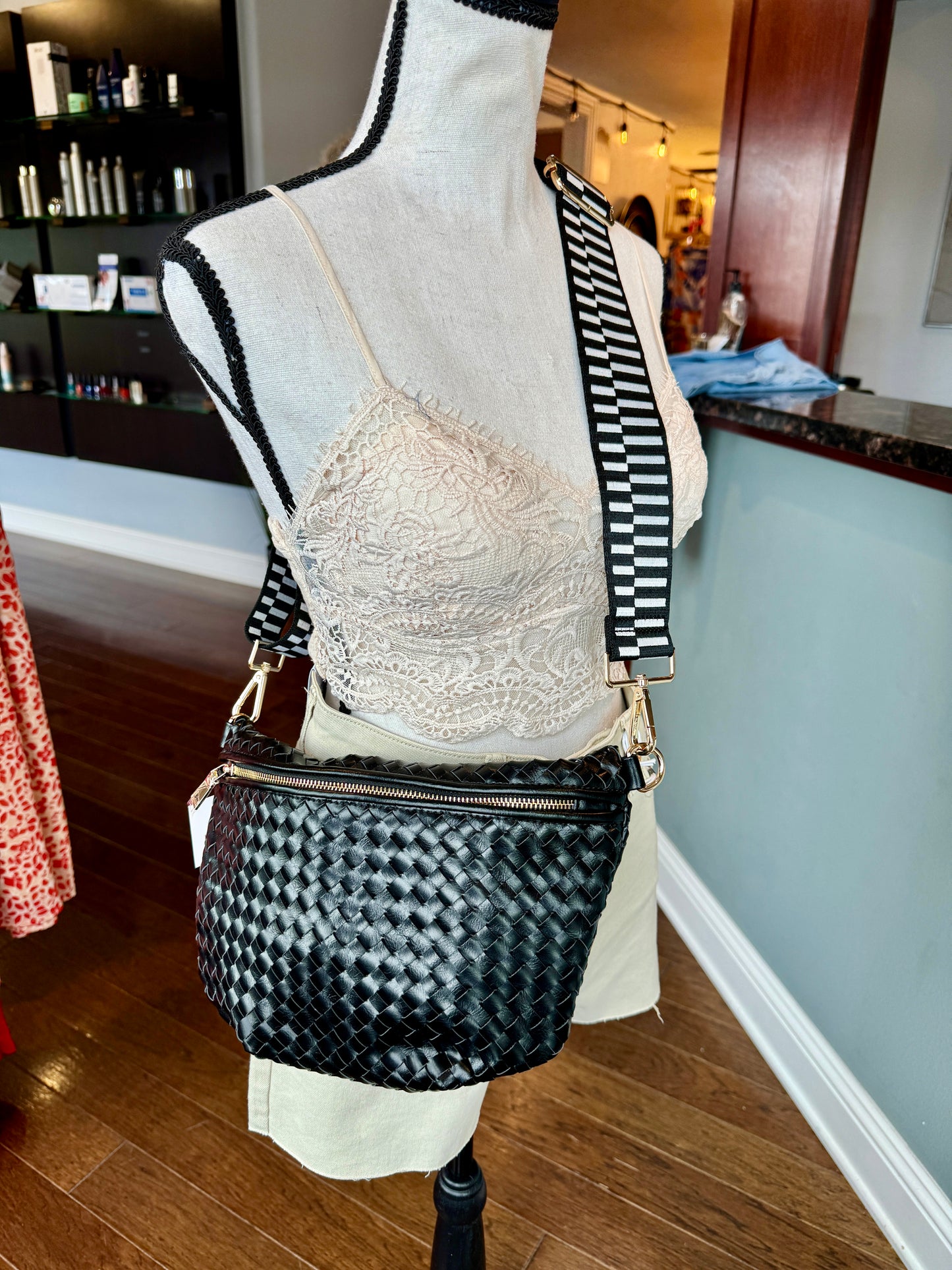 Black Weekender Woven Crossbody Bag