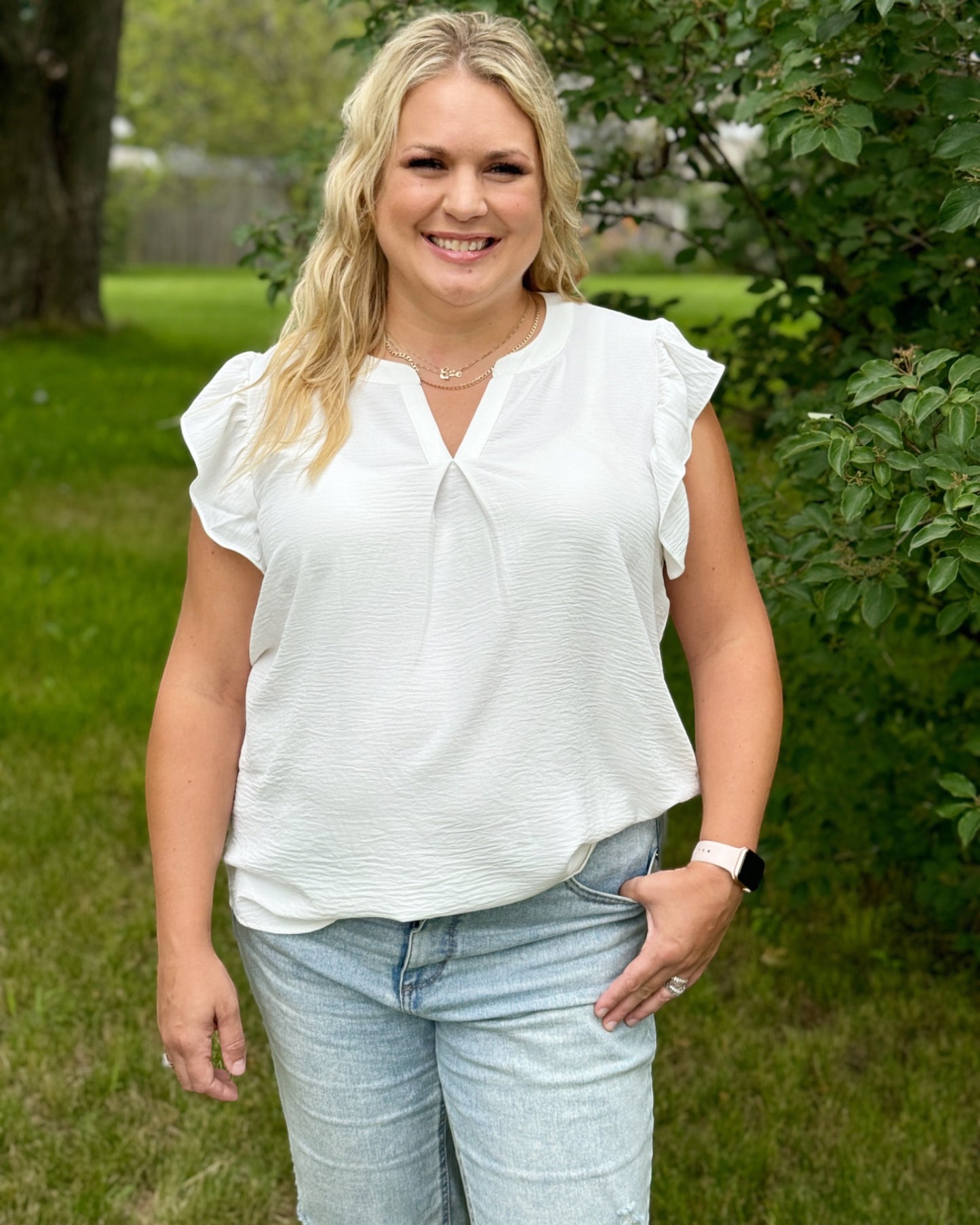 Whisper White Flutter Sleeve Short Sleeve Curvy Top
