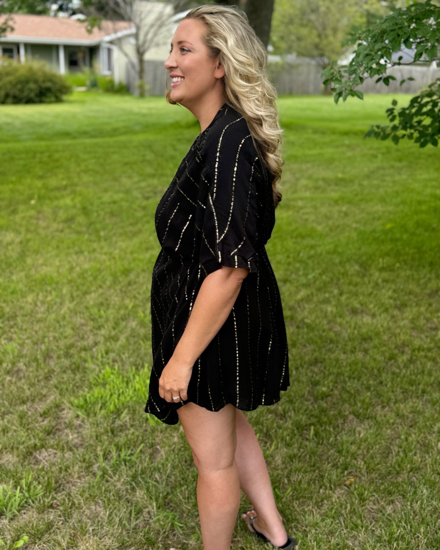 Sunset Cruise Black & Gold Stripe Mini Dress