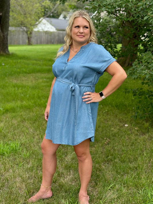 Blue For You Chambray Curvy Belted Dress