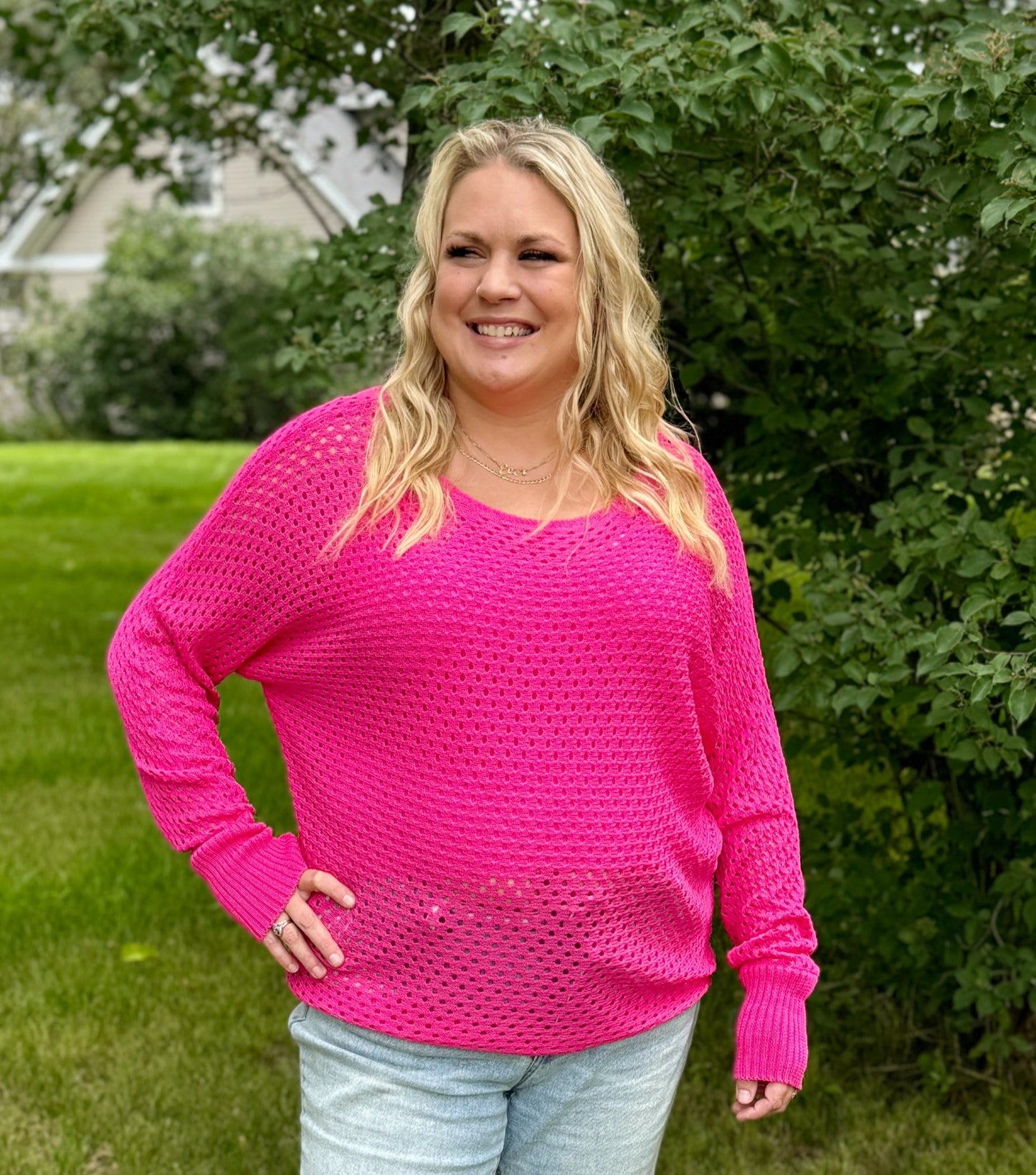 Curvy Hot Pink Open Knit Long Sleeve Top