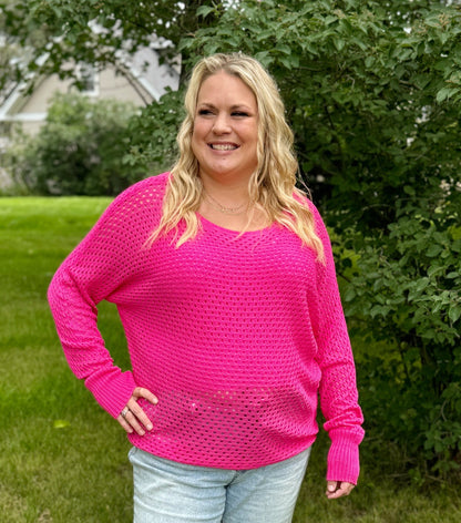 Curvy Hot Pink Open Knit Long Sleeve Top
