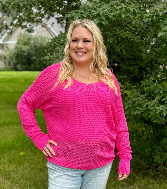 Curvy Hot Pink Open Knit Long Sleeve Top