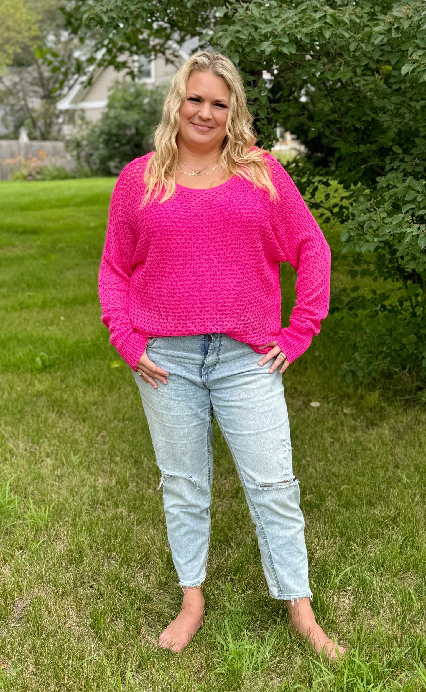 Curvy Hot Pink Open Knit Long Sleeve Top