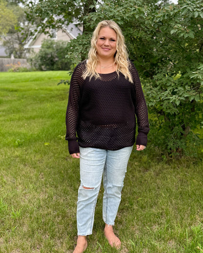 Curvy Black Open Knit Long Sleeve Top