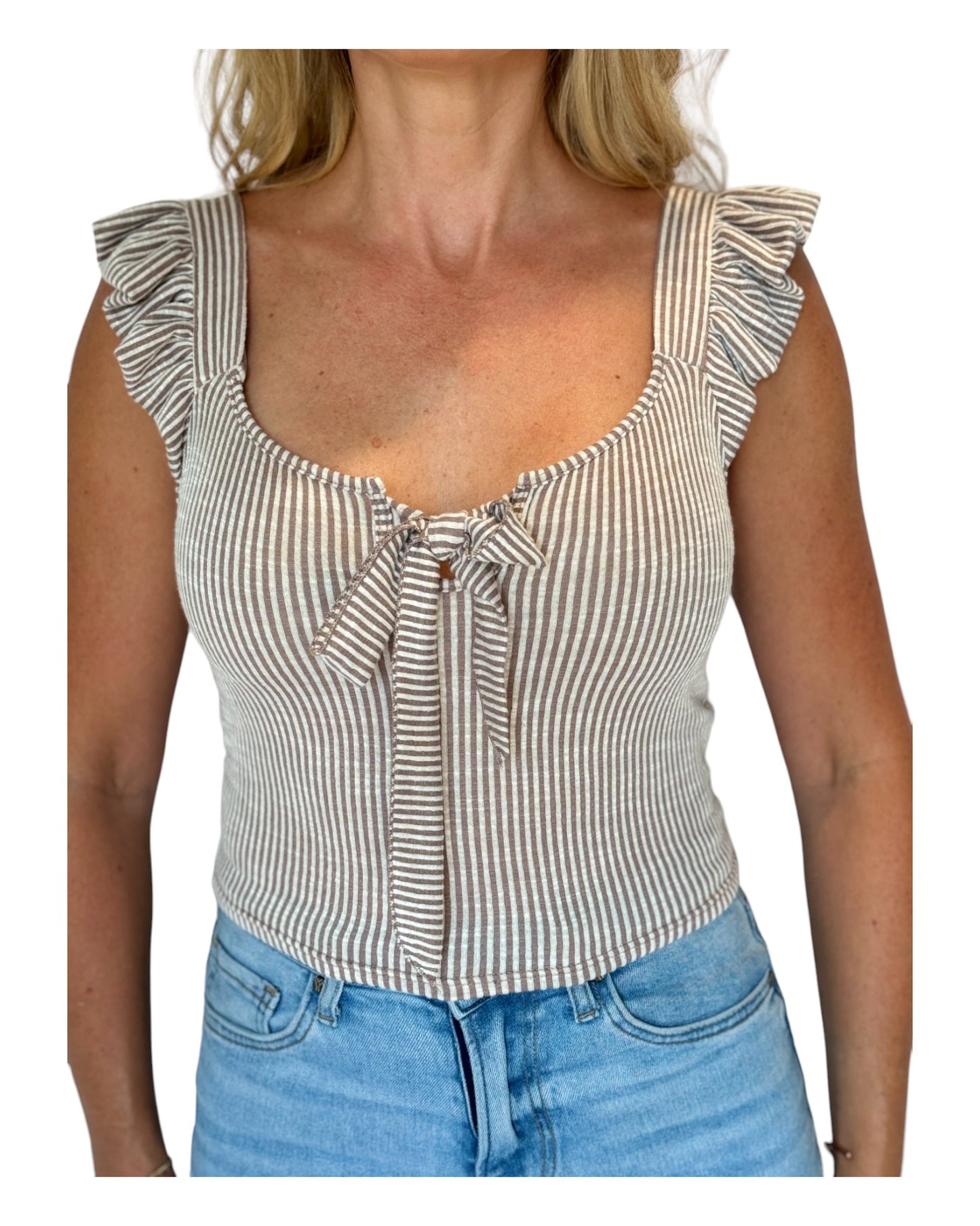 White & Taupe Tie Front Striped Soft Knit Tank Top