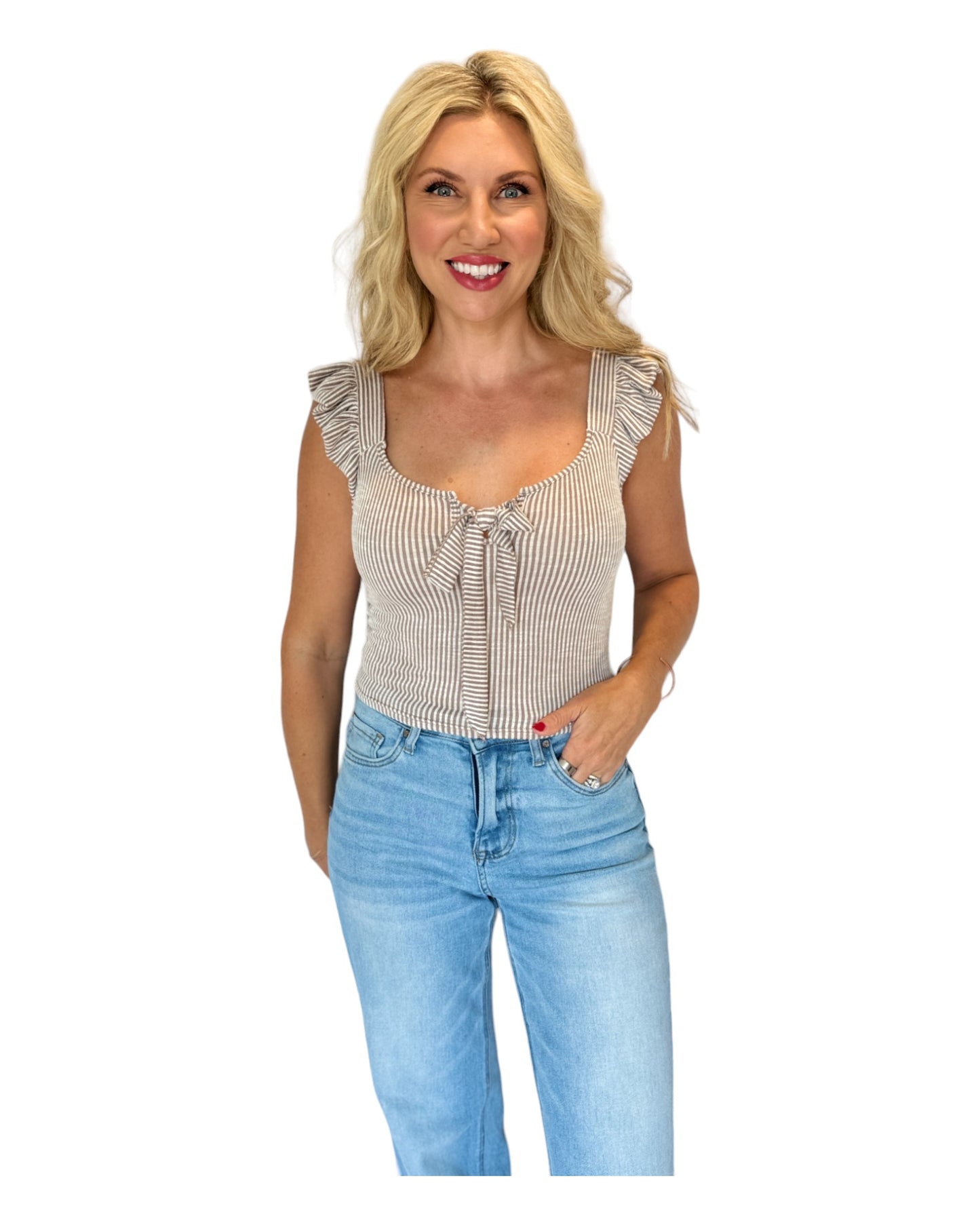 White & Taupe Tie Front Striped Soft Knit Tank Top