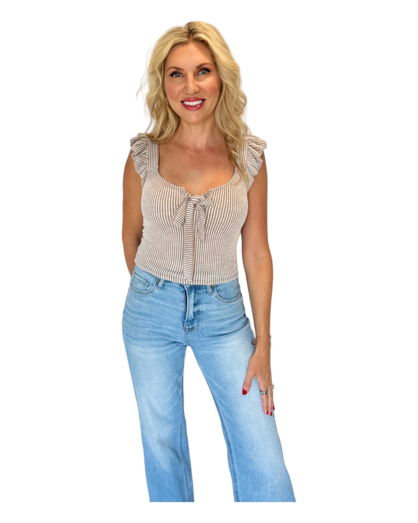 White & Taupe Tie Front Striped Soft Knit Tank Top