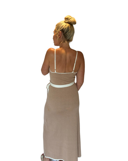 Cool Contrast Taupe Belted Maxi Dress