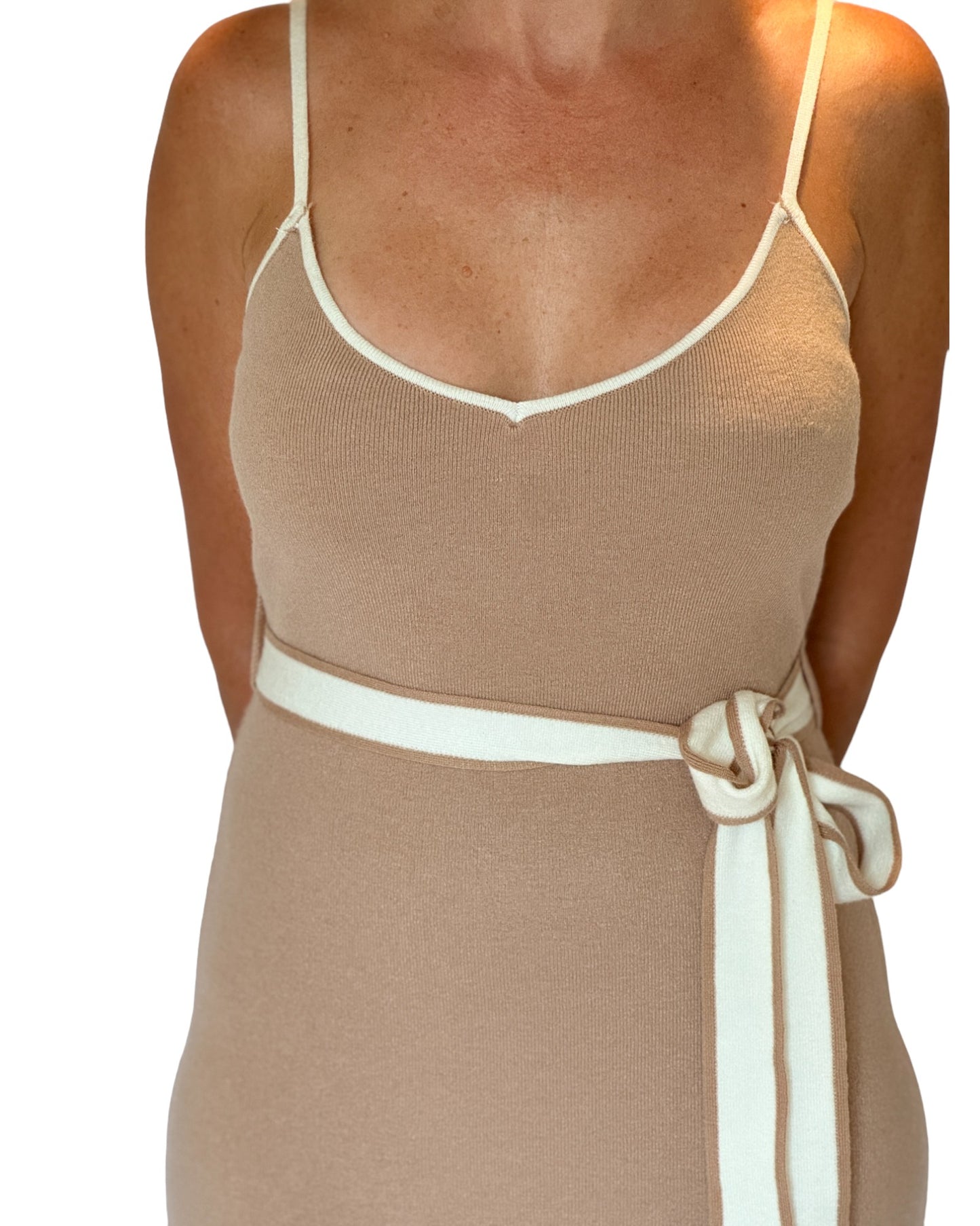 Cool Contrast Taupe Belted Maxi Dress