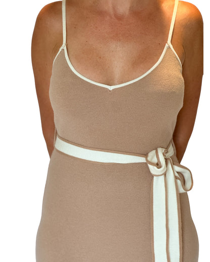 Cool Contrast Taupe Belted Maxi Dress