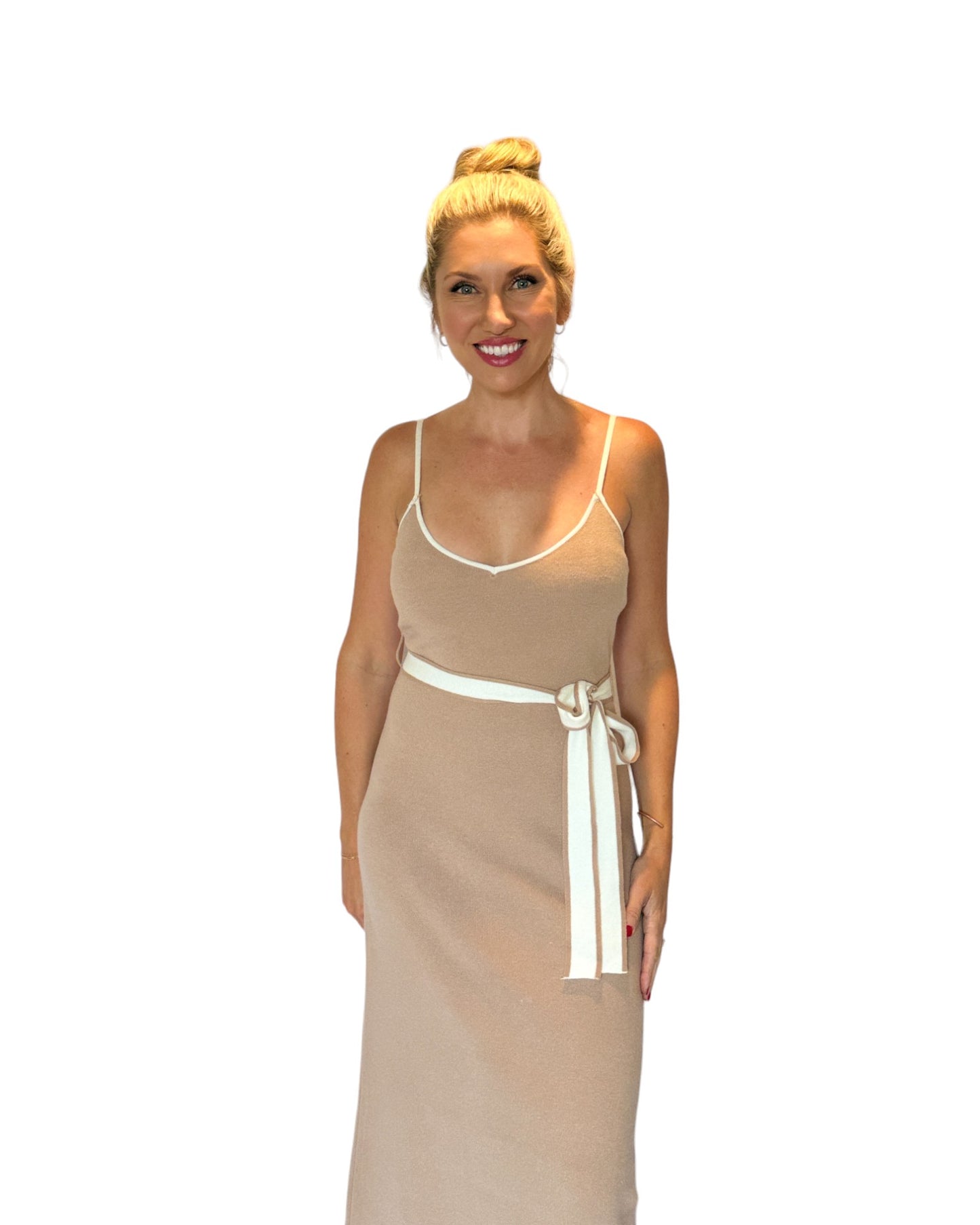 Cool Contrast Taupe Belted Maxi Dress