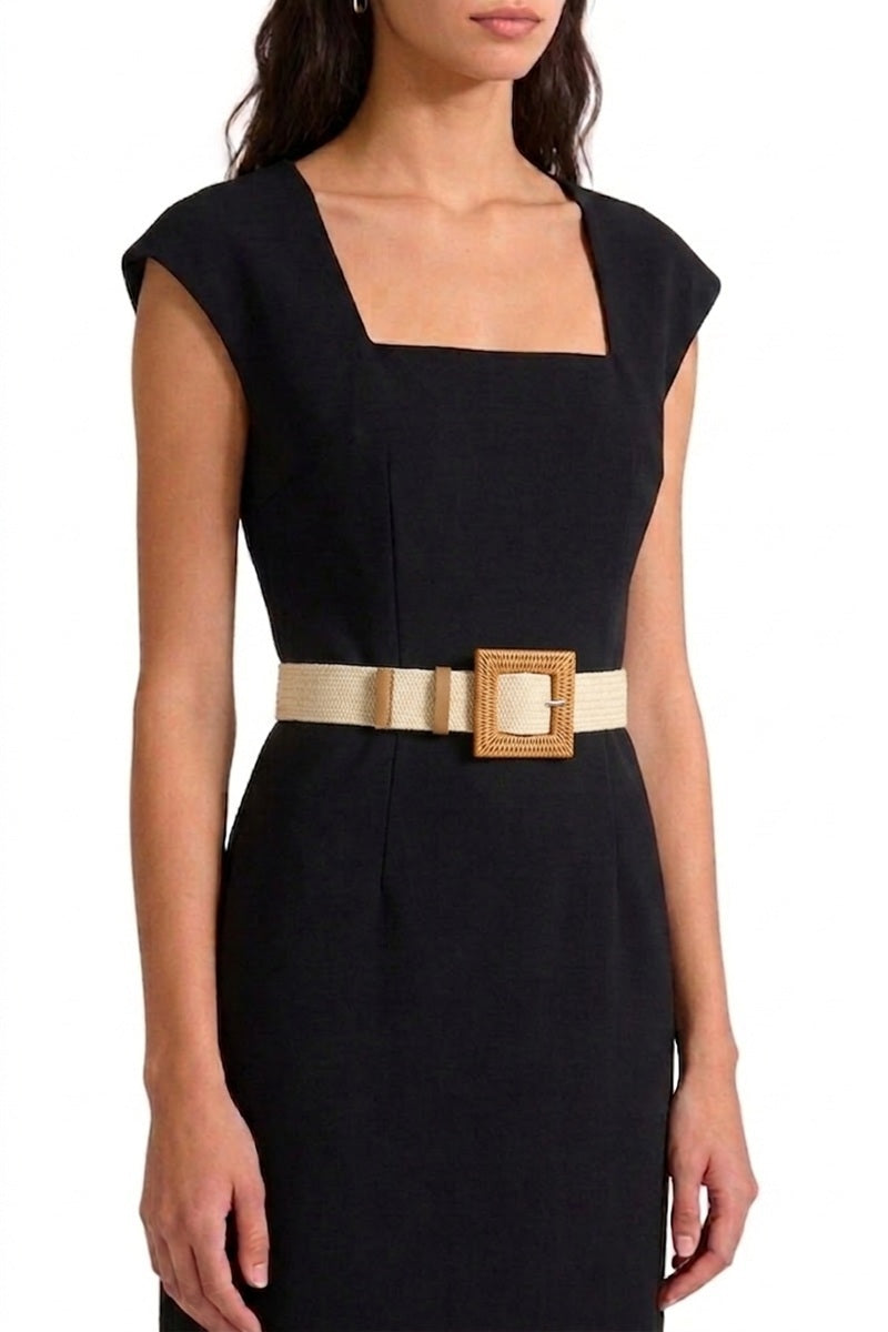 Woman in white dress wearing the Ivory Wanderlust Boho Adjustable Buckle Belt.