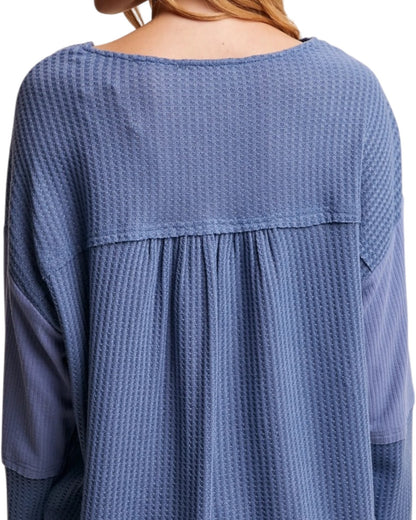 Indigo Lace Up Casual Waffle Top
