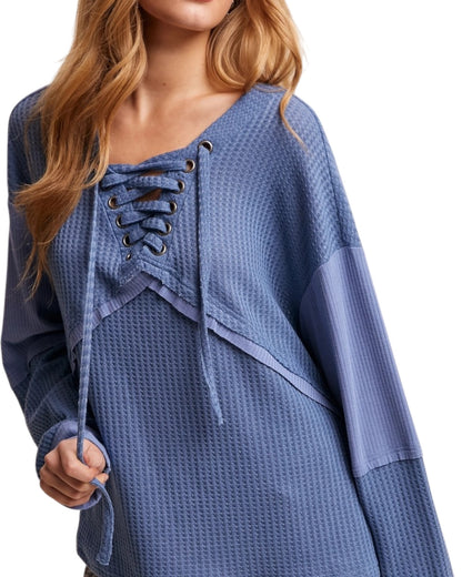 Indigo Lace Up Casual Waffle Top