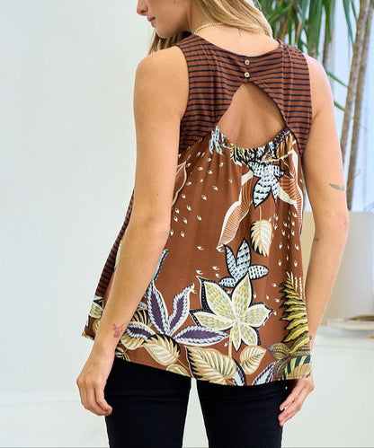 Brown striped and floral print sleeveless top with open back keyhole detail.