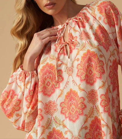  Ivory pink orange paisley blouse with double front ties and full sleeves. 
