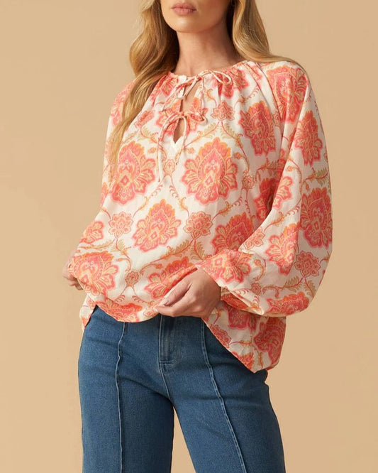  Ivory pink orange paisley blouse with double front ties and full sleeves.