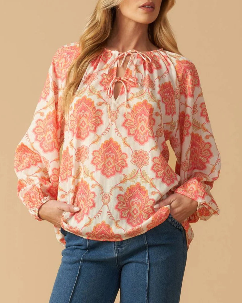  Ivory pink orange paisley blouse with double front ties and full sleeves.