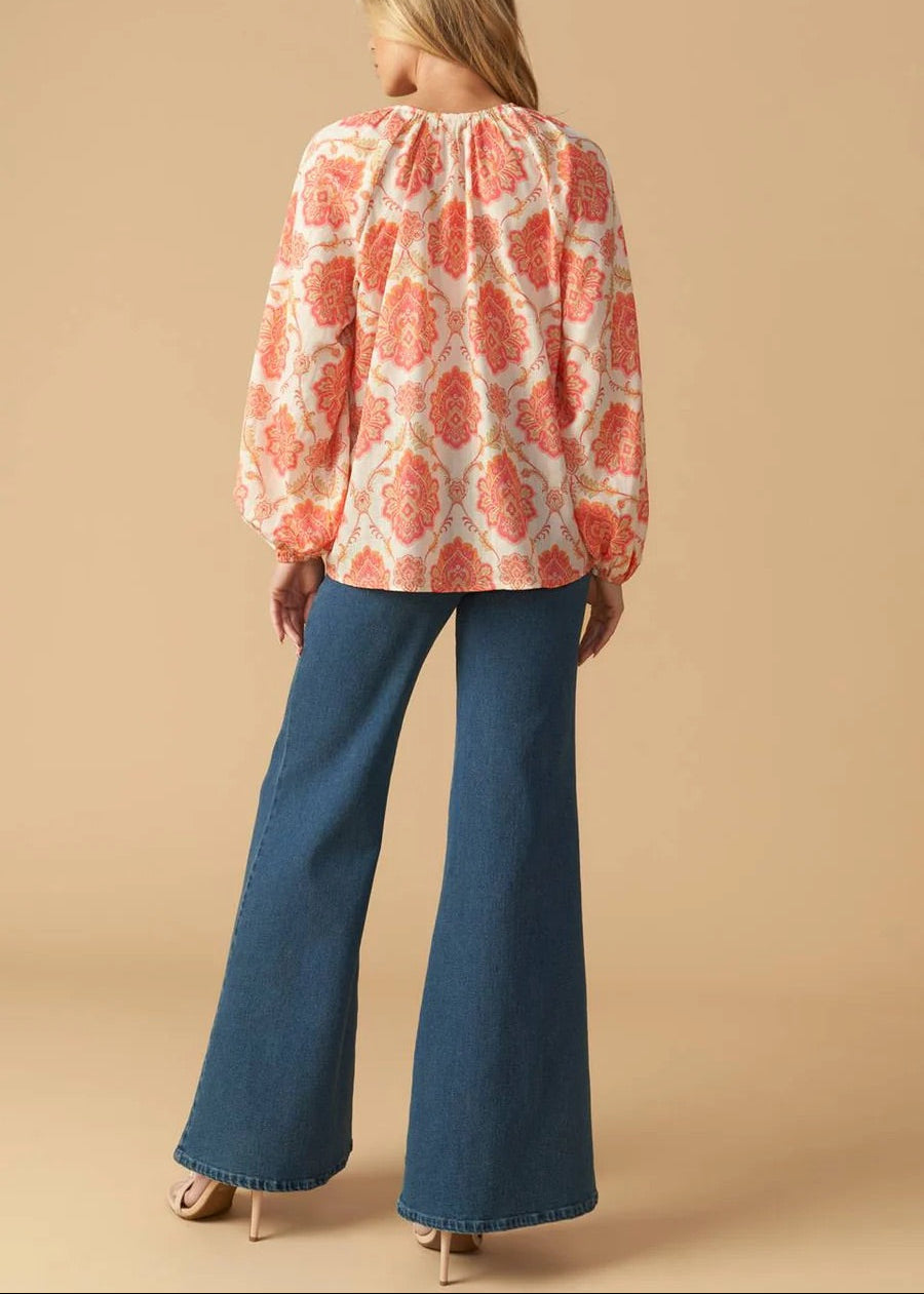  Ivory pink orange paisley blouse with double front ties and full sleeves.