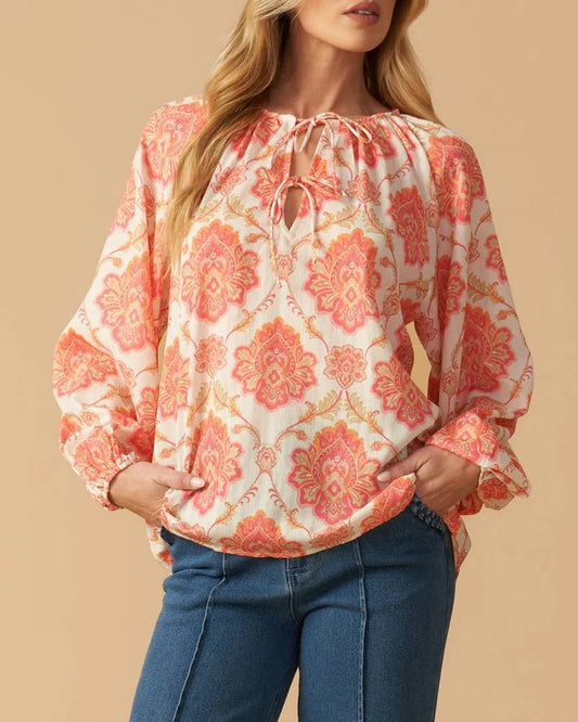  Ivory pink orange paisley blouse with double front ties and full sleeves. 