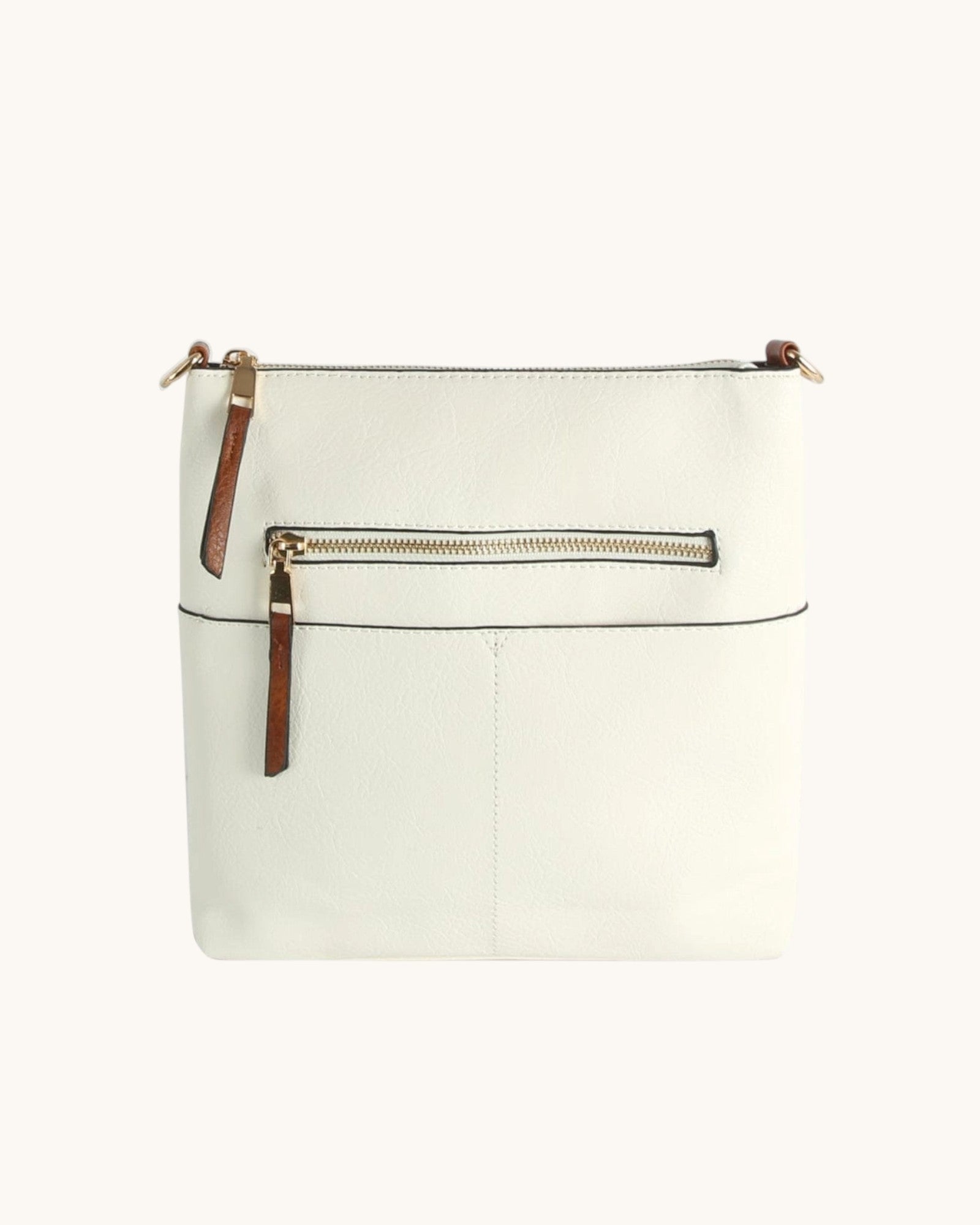 Ivory crossbody bag with brown accents on a white background.