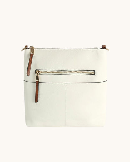 Ivory crossbody bag with brown accents on a white background.