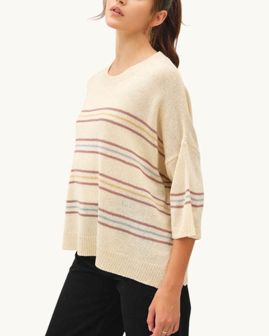 Woman wearing a cream-colored sweater with multicolor stripes on a white background.