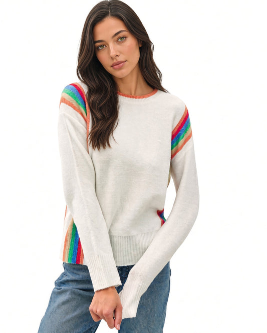 Front view of ivory Rainbow Prism crewneck sweater with rainbow shoulder and side stripes, ribbed cuffs and hem.