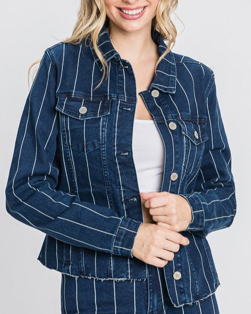 Dark blue cropped denim jacket with white pinstripes, raw edges, and button front detailing.