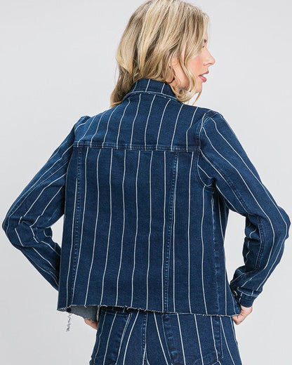 Dark blue cropped denim jacket with white pinstripes, raw edges, and button front detailing.