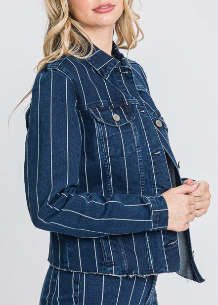 Dark blue cropped denim jacket with white pinstripes, raw edges, and button front detailing.