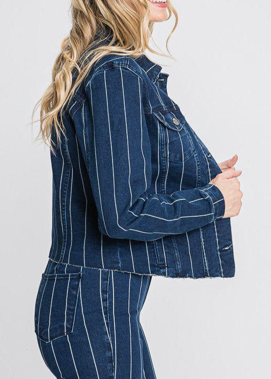 Dark blue cropped denim jacket with white pinstripes, raw edges, and button front detailing.