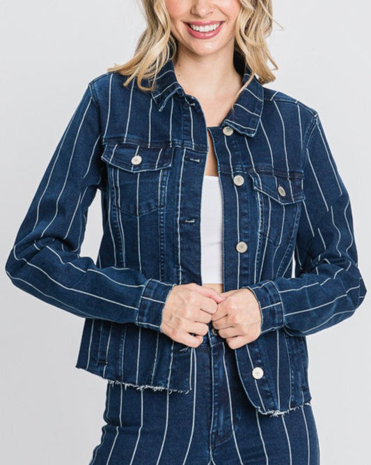 Dark blue cropped denim jacket with white pinstripes, raw edges, and button front detailing.
