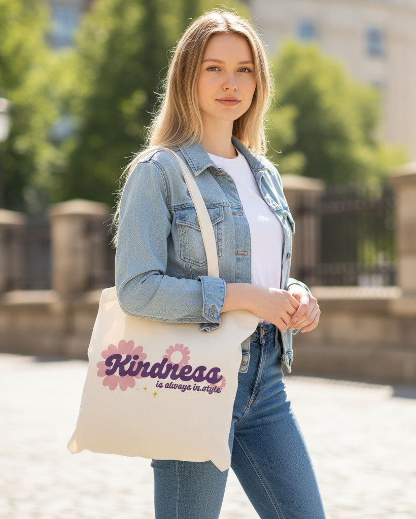 Woman holding a tote bag with 'Kindness is always in style' text outdoors.