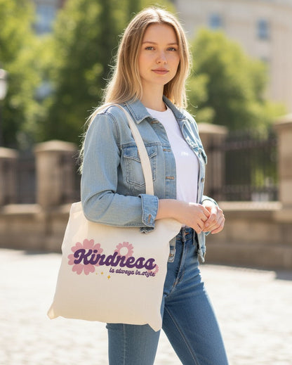 Woman holding a tote bag with 'Kindness is always in style' text outdoors.