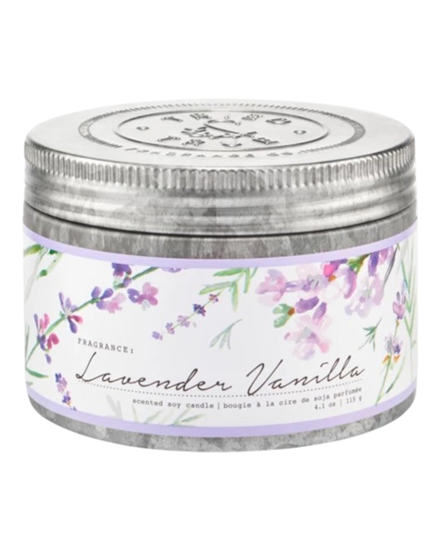 Candle jar tin with lavender vanilla label on a white background.