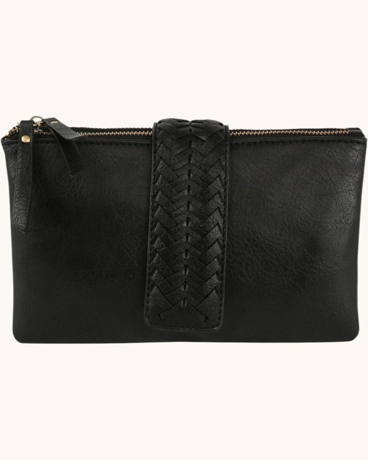 Black leather clutch with braided strap on a white background.