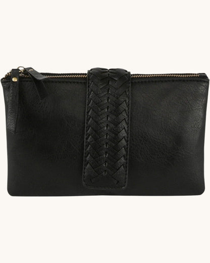 Black leather clutch with braided strap on a white background.