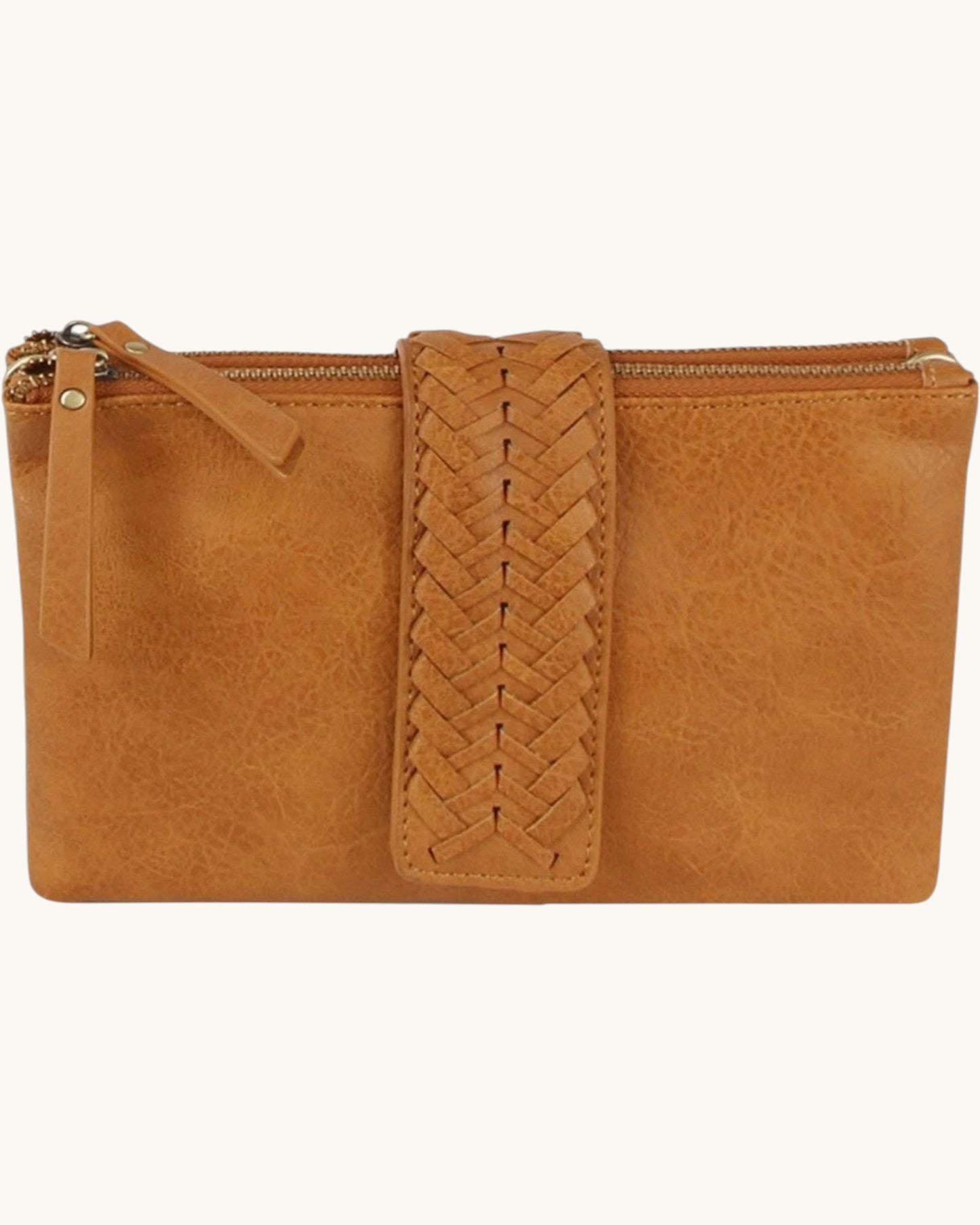 Brown leather clutch with braided strap on a white background.