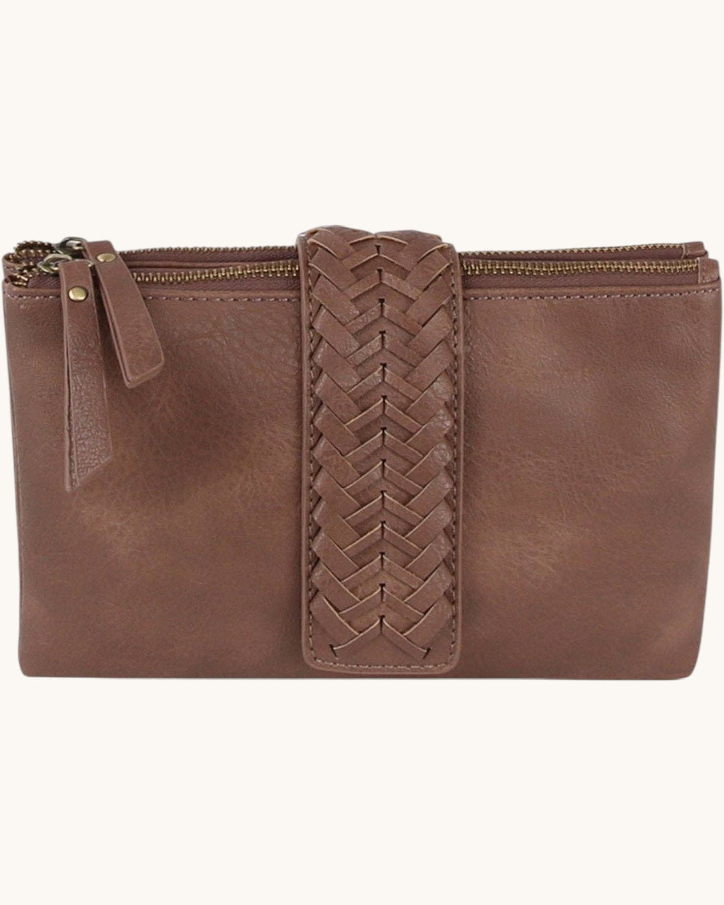 Brown leather clutch with braided strap on a white background.