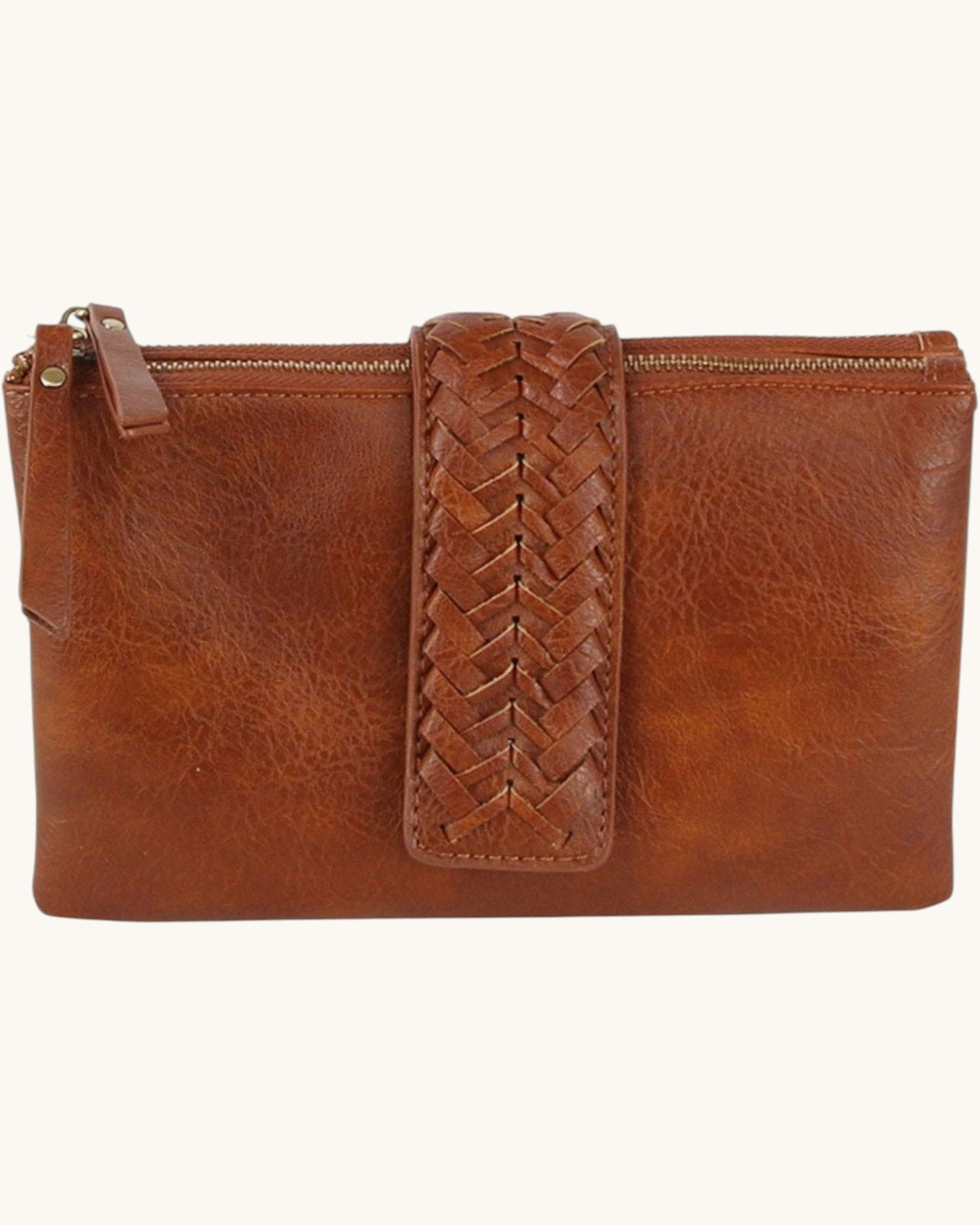 Brown leather clutch with braided accent on a white background.
