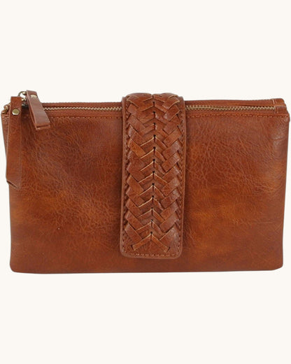 Brown leather clutch with braided accent on a white background.