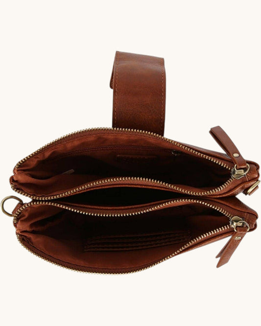 Brown leather bag with multiple zippers on a white background.