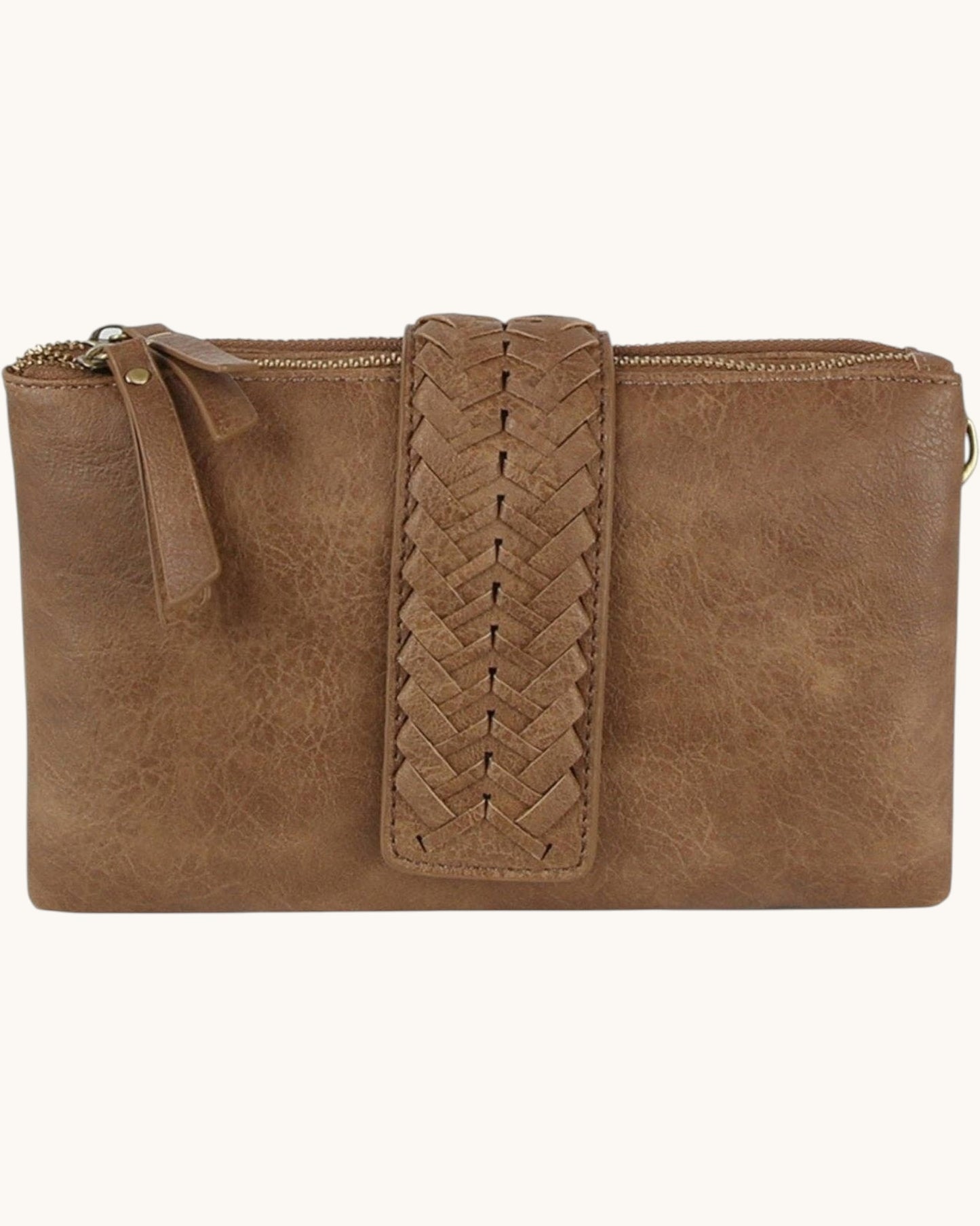Brown leather clutch with braided strap on a white background