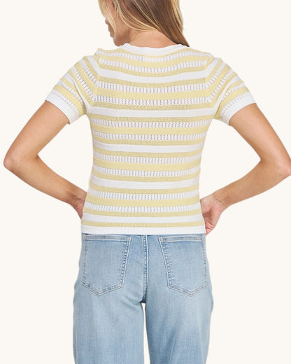 Back view of a Limoncello Fine Gauge Knit Top in a sunny yellow and white.