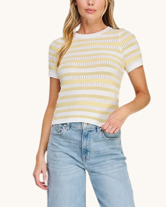 Limoncello Fine Gauge Knit Top in a sunny yellow and white.
