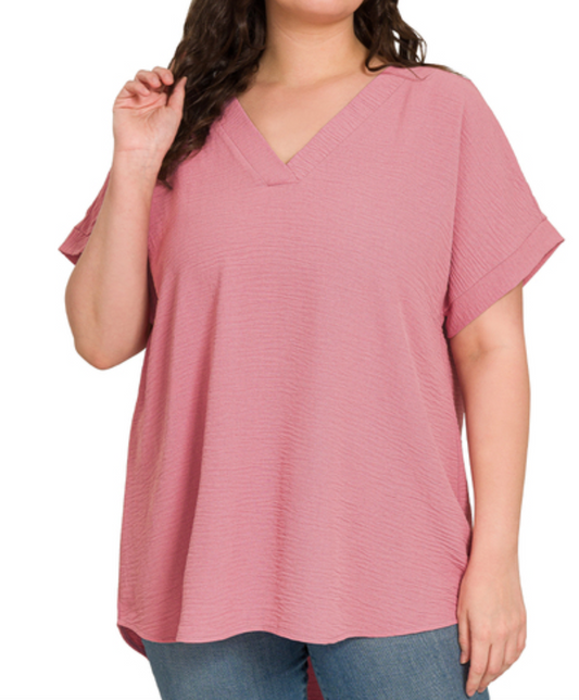 Curvy Summer Rose short sleeve V-neck top with hi-low hem and relaxed fit.