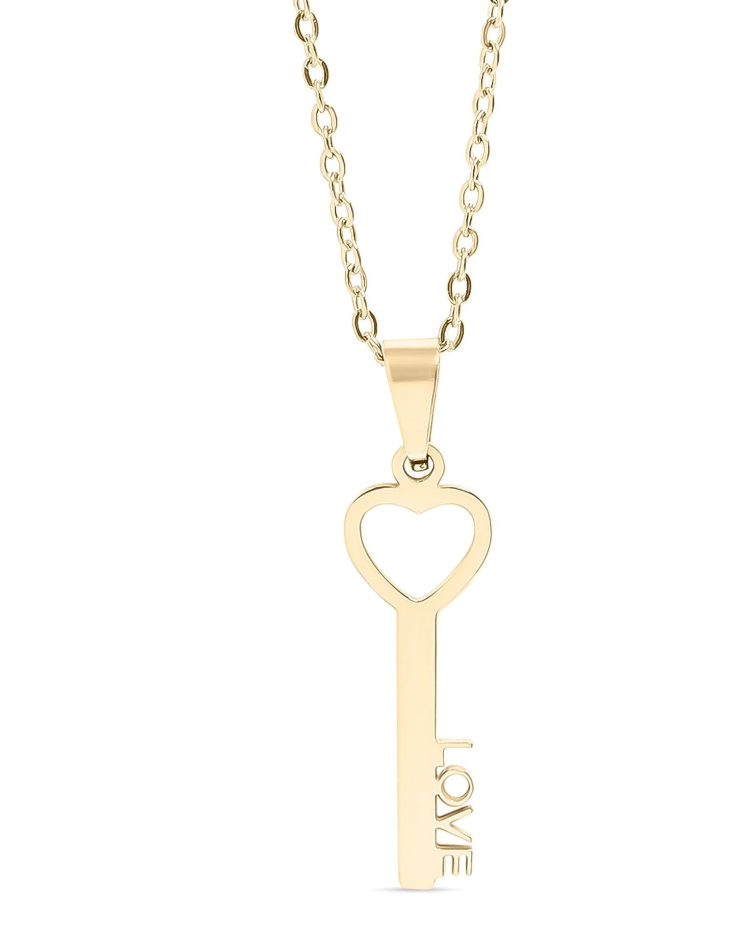 Gold necklace with a key-shaped pendant on a white background.