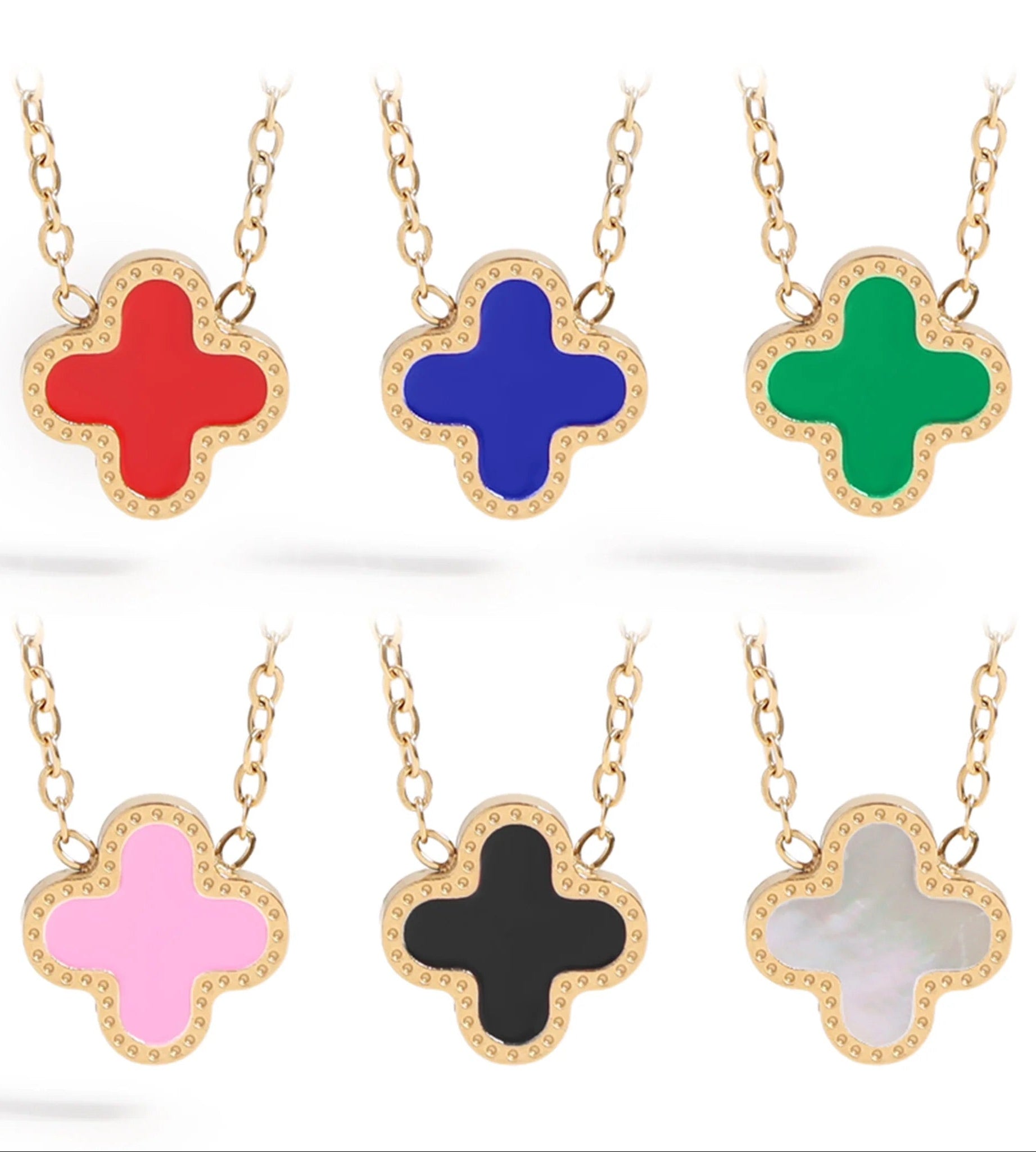 18K Gold Plated Stainless Lucky Clover Charm Necklace (Waterproof and Tarnish Free) with enamel fill on a dainty chain.